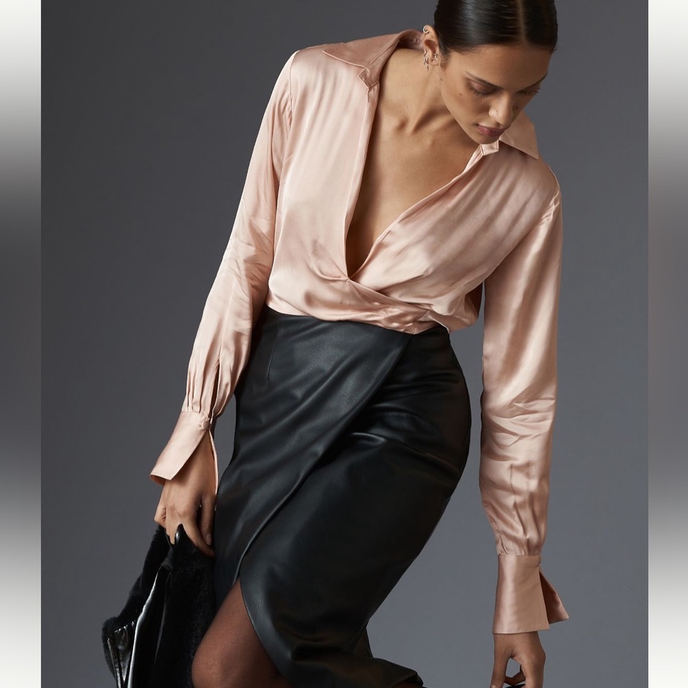 NWT By Anthropologie Long -Sleeve V Neck Faux Leather Satin Dress